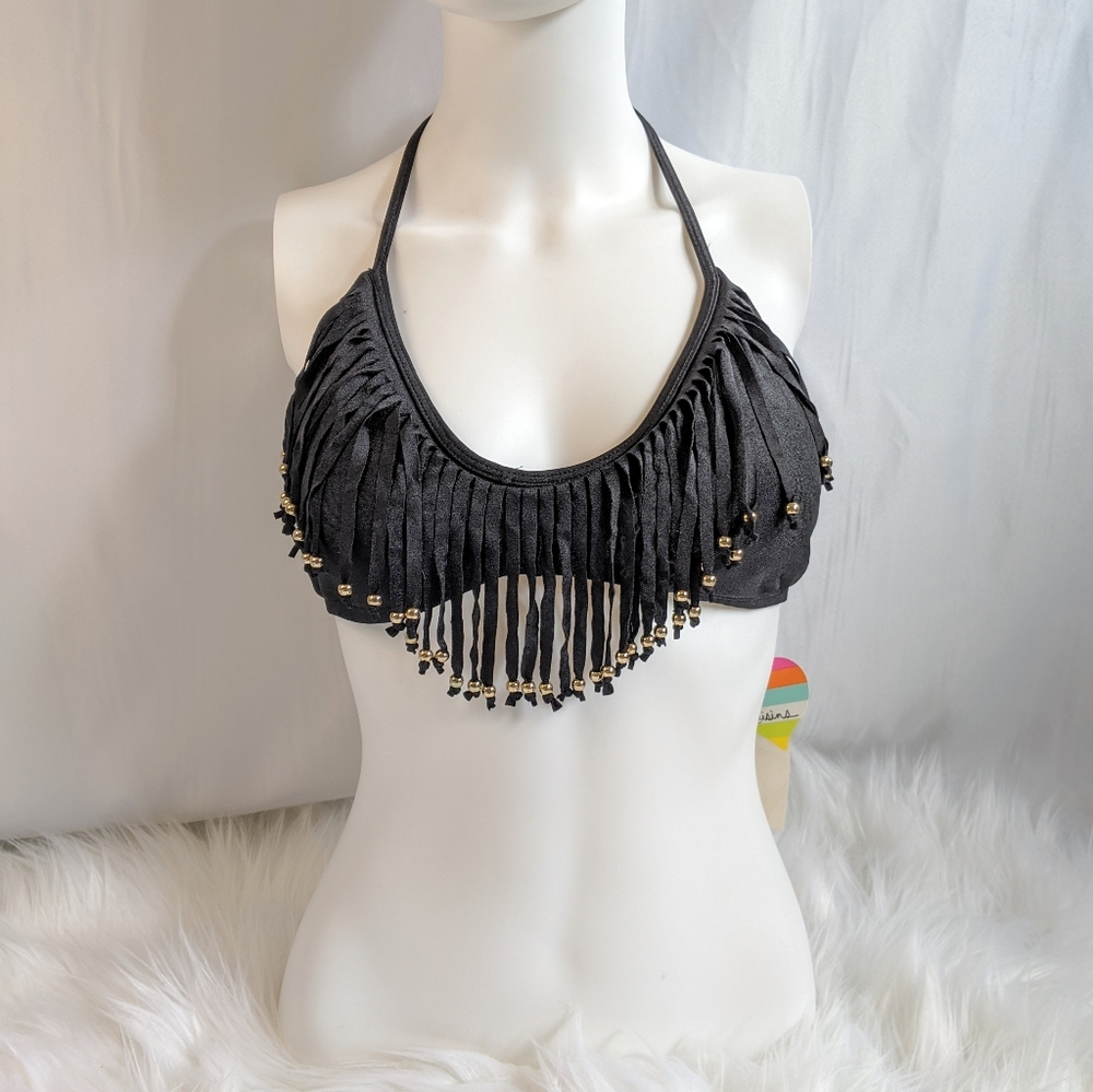 Raisins Black Beaded Fringe Swim Top NWT